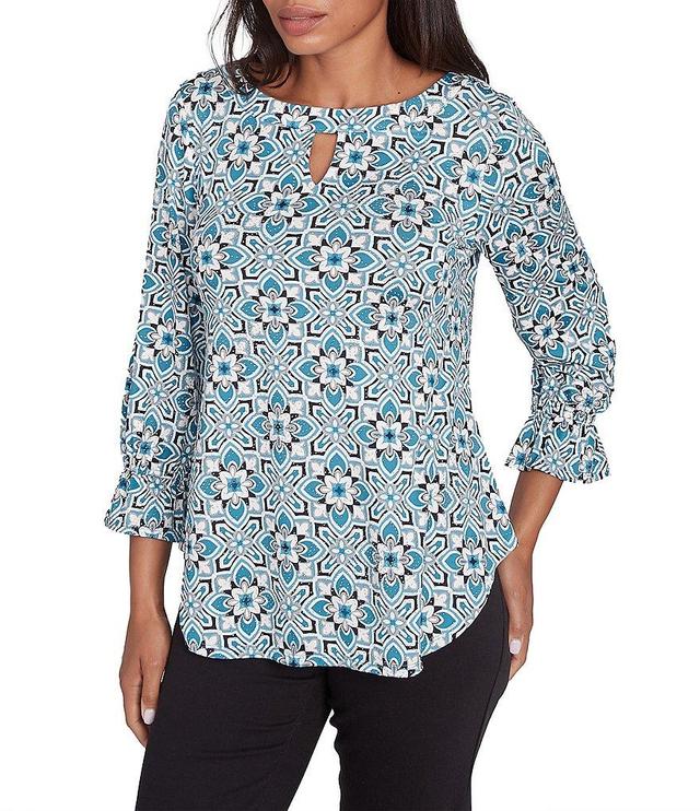 Ruby Rd. Knit Tiles Print Keyhole Neck 3/4 Sleeve Top Product Image