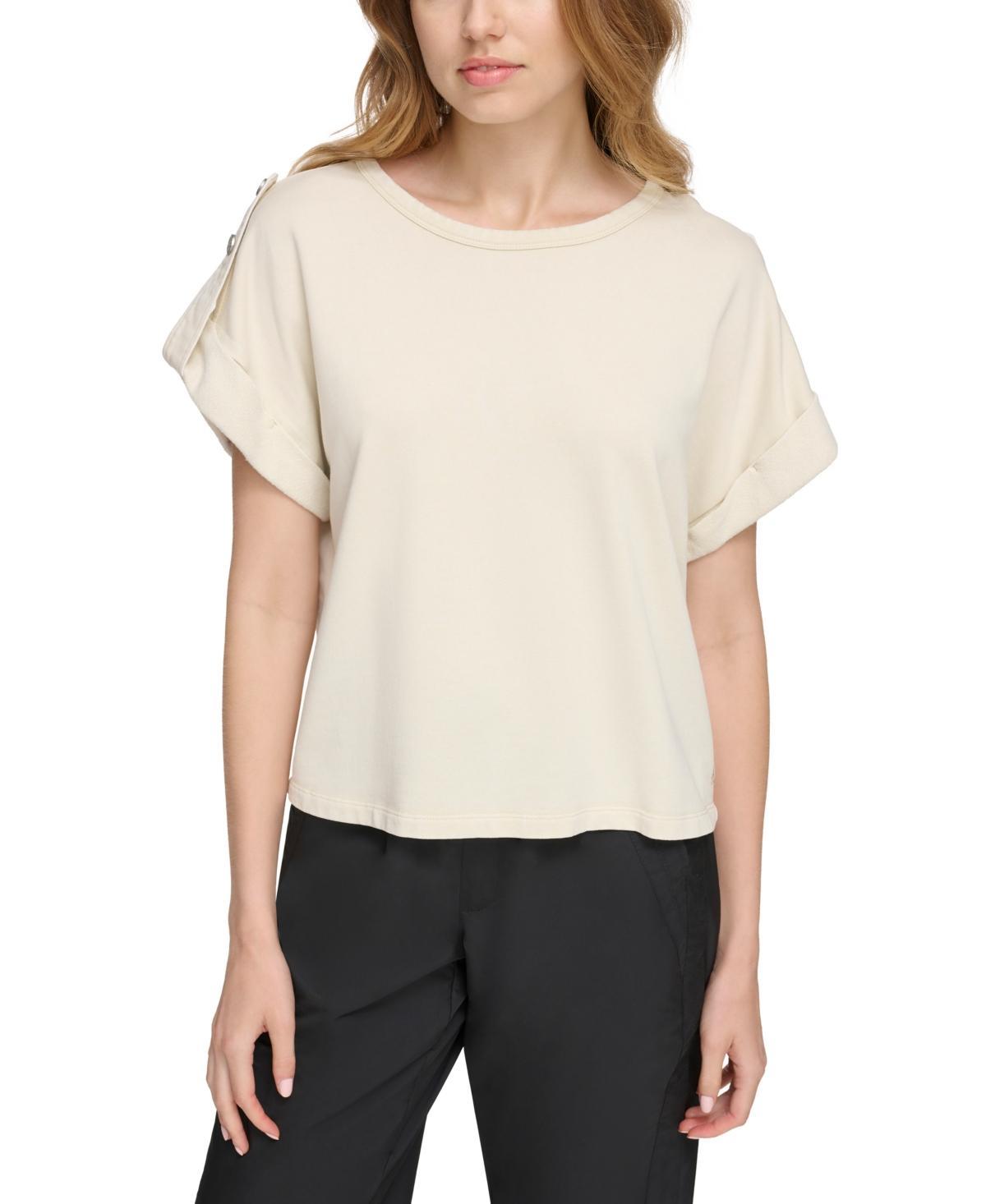 DKNY Solid Crew Neck Short Roll-Tab Sleeve Boxy Top Product Image