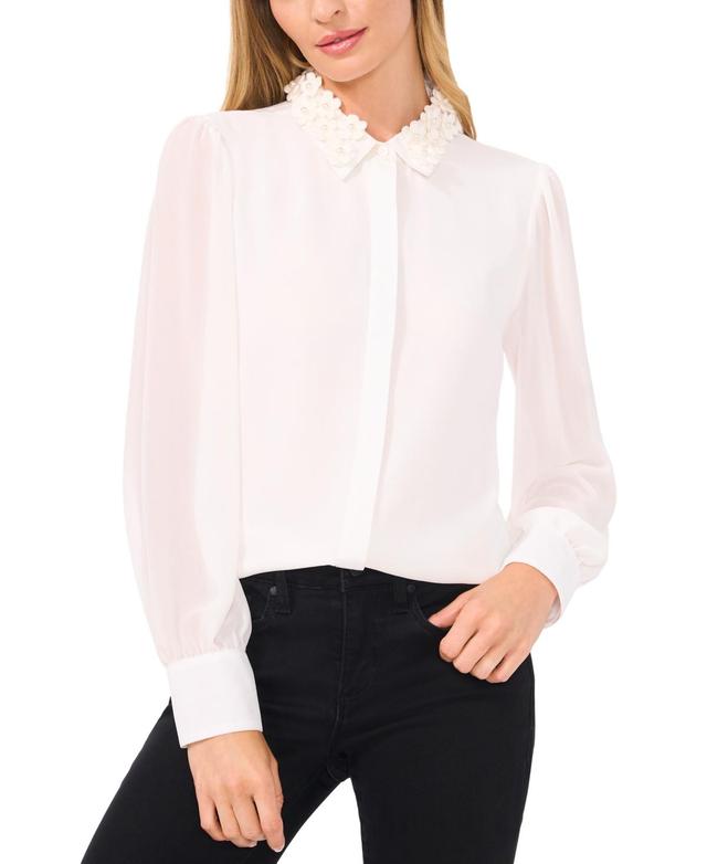 CeCe Womens Floral-Applique Collared Long-Sleeve Blouse Product Image