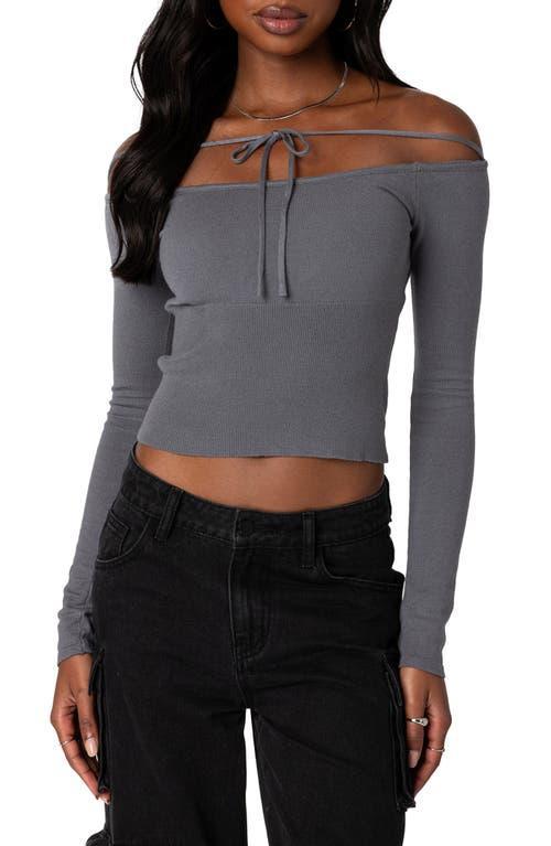 EDIKTED Jane Tie Front Off the Shoulder Long Sleeve Crop Top Product Image