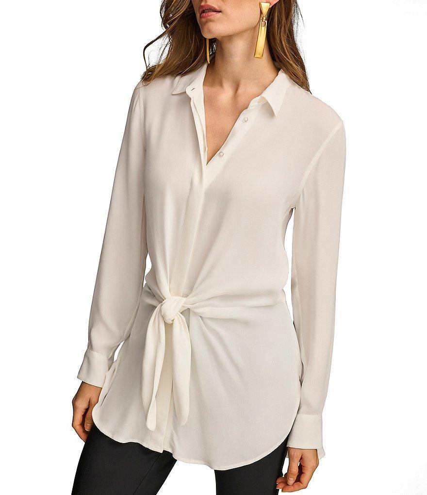 Donna Karan Point Collar Long Sleeve Button Down Tie Waist Tunic Product Image