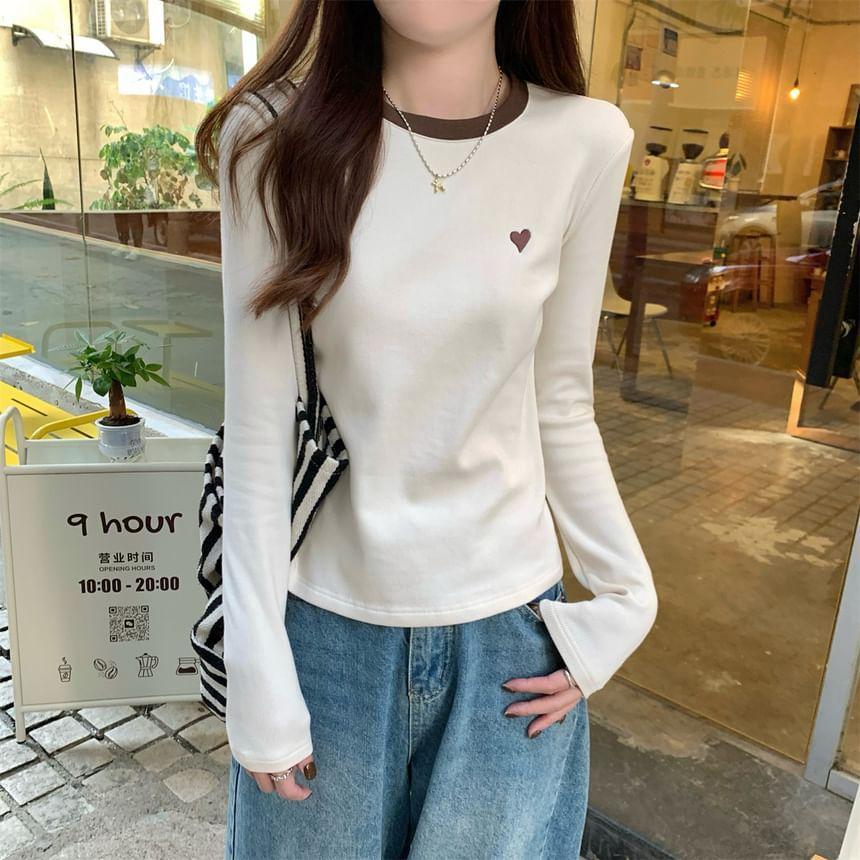 Long-Sleeve Round Neck Heart Embroidered Contrast Trim Tee Product Image