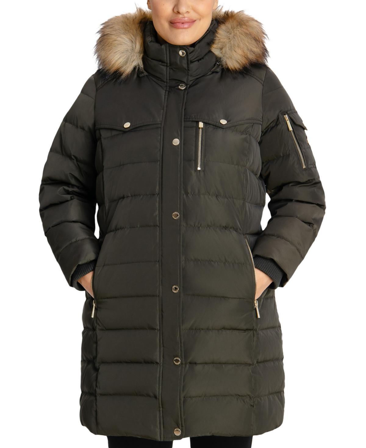 Michael Michael Kors Womens Plus Size Faux-Fur-Trim Hooded Puffer Coat, Created for Macys Product Image