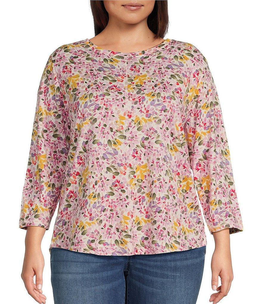 Westbound Plus Size Floral Print 3/4 Sleeve Knit Crew Neck Top Product Image