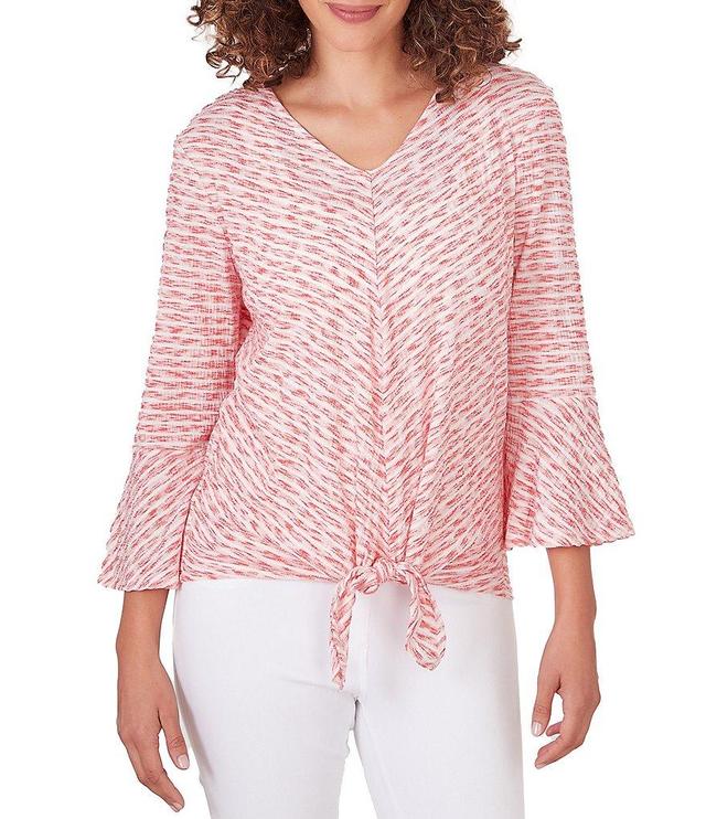 Ruby Rd. Petite Size Knit Stripe V-Neck 3/4 Ruffle Sleeve Tie Top Product Image