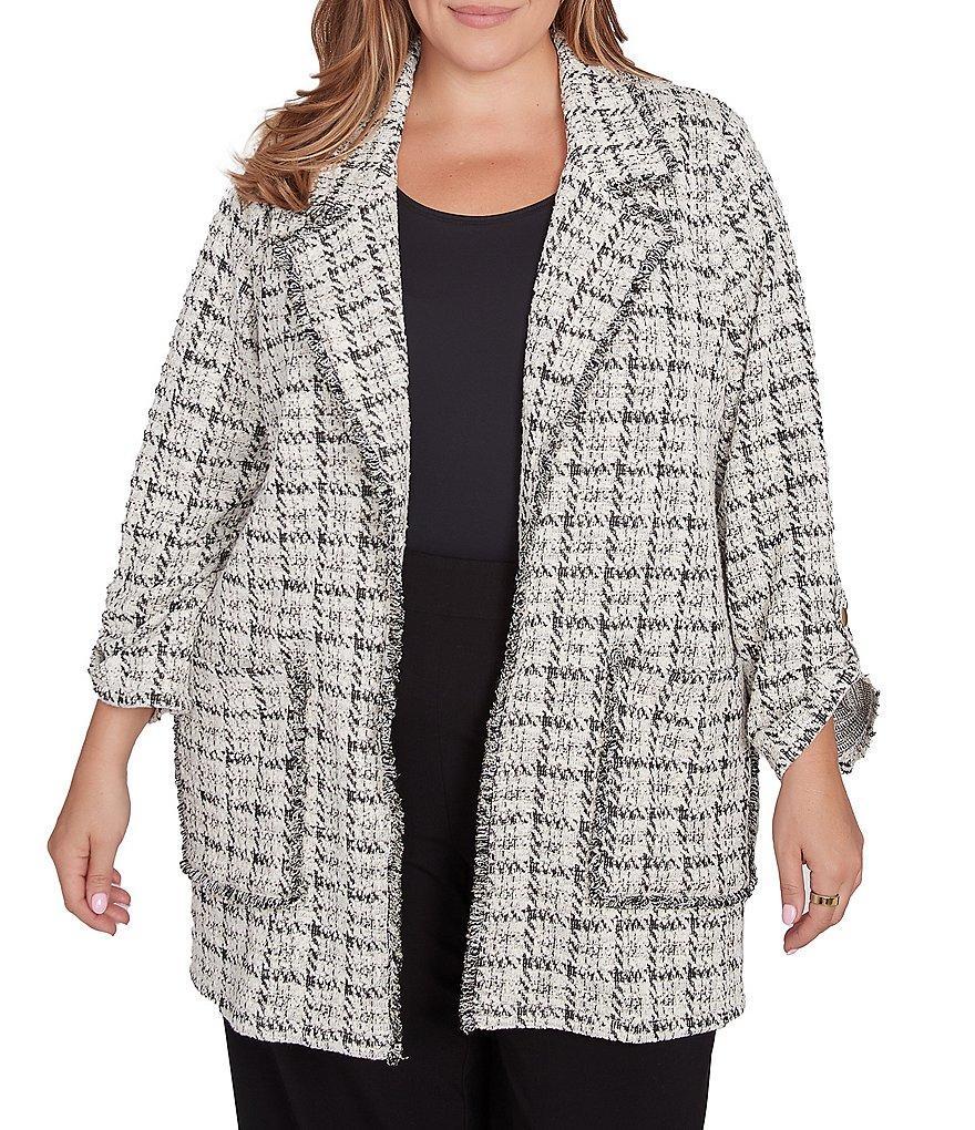 Ruby Rd. Plus Size Tweed Metallic Plaid Notch Lapel Collar Long Roll-Tab Sleeve Open-Front Jacket product image