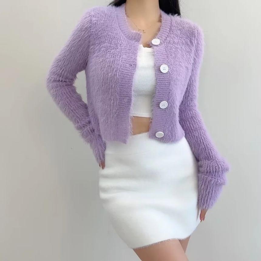 V-Neck Button-Up Plain Crop Cardigan Product Image