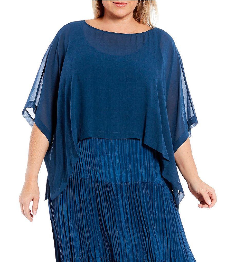 Eileen Fisher Plus Size Sheer Silk Georgette Boat Neck Elbow Sleeve Boxy Cropped Poncho Product Image