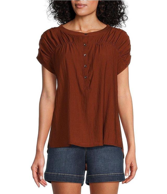 Westbound Short Sleeve Ruched Linen Blend Henley Top Product Image