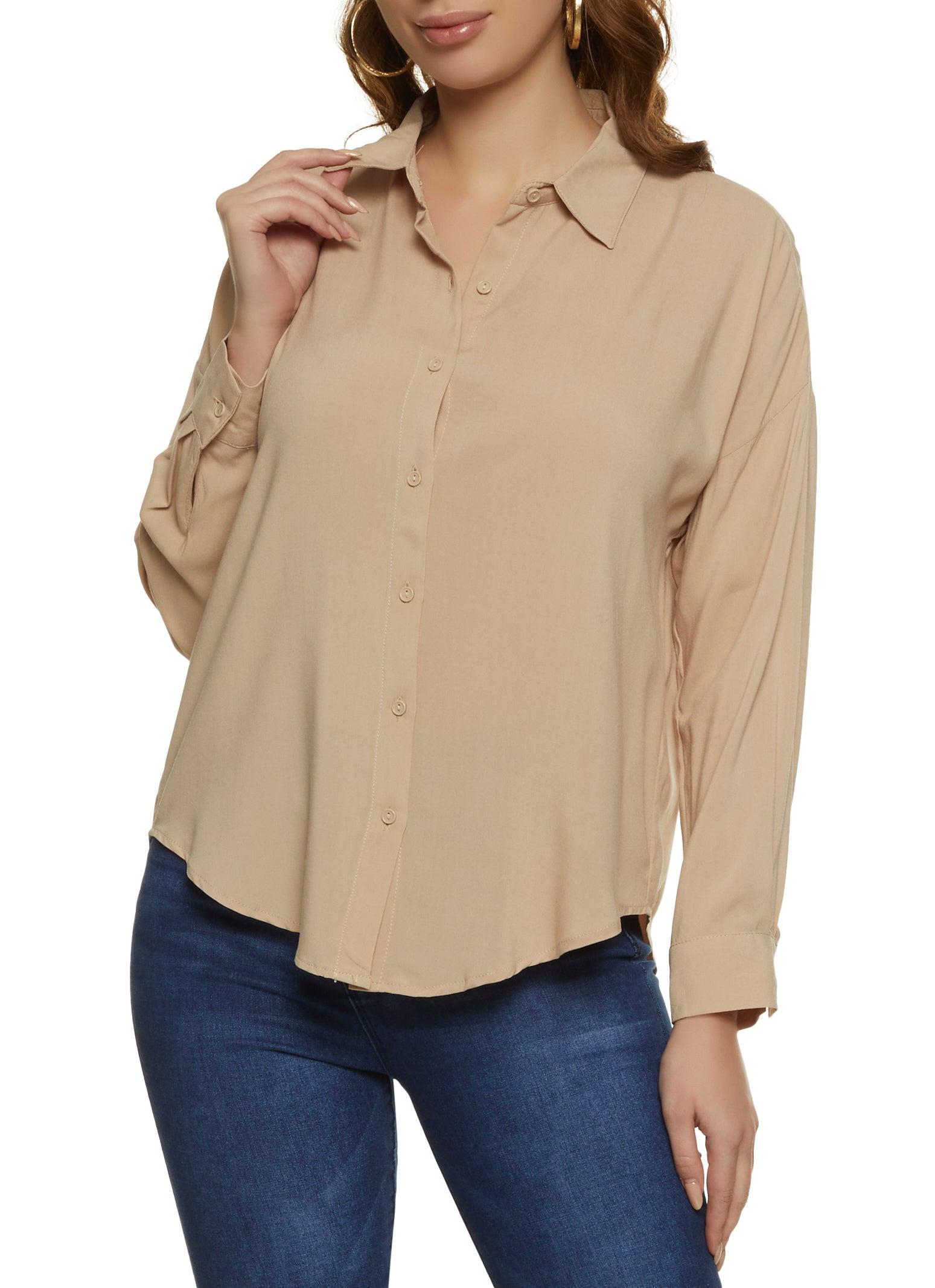 Womens Solid Long Sleeve Button Front Shirt Product Image