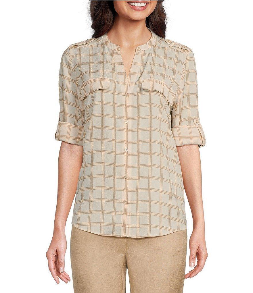 Calvin Klein Crepe de Chine Y-Neck Long Sleeve Button-Front Top Product Image