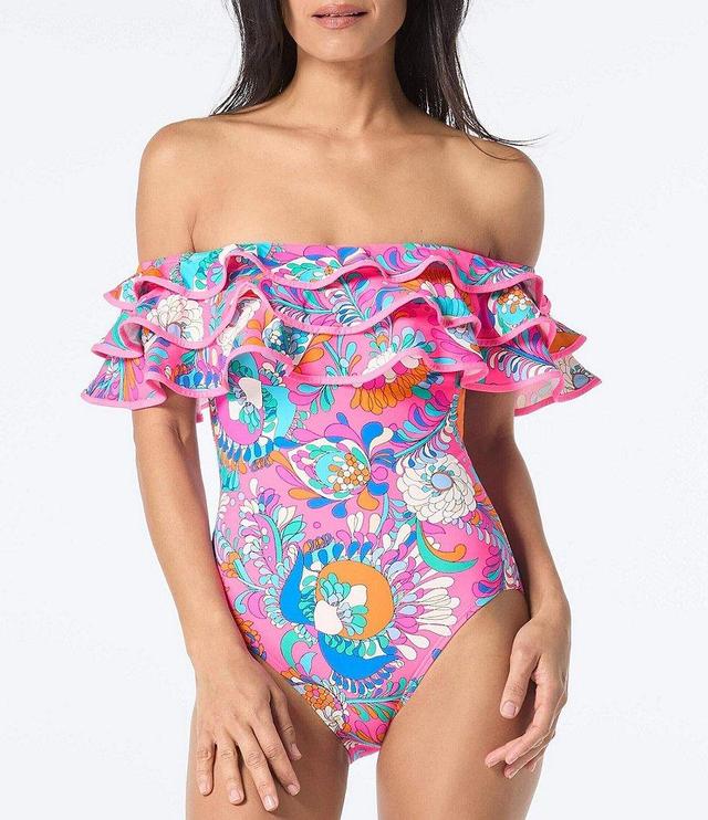 kate spade new york Sea Garden Floral Print Off-the-Shoulder Ruffle One Piece Swimsuit Product Image