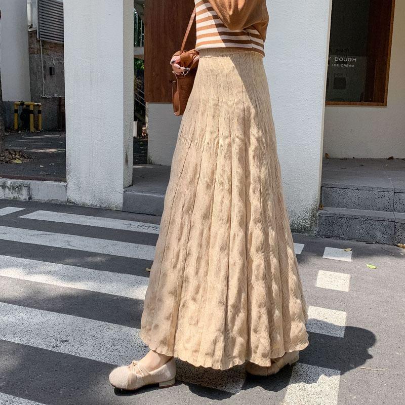 High Waist Plain Knit Maxi A-Line Skirt Product Image