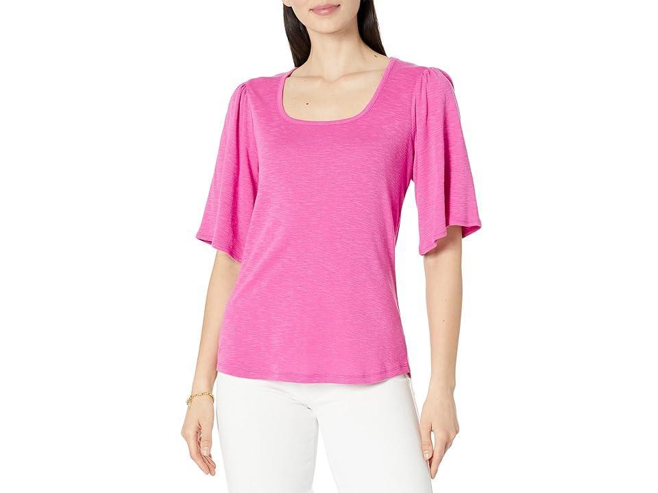 NIC+ZOE Square Neck Flutter Sleeve Tee (Freesia) Women's Clothing Product Image