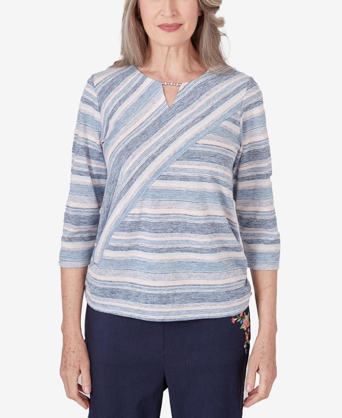 Alfred Dunner Womens A Fresh Start Spliced Stripe Ruched Shirttail Top Product Image