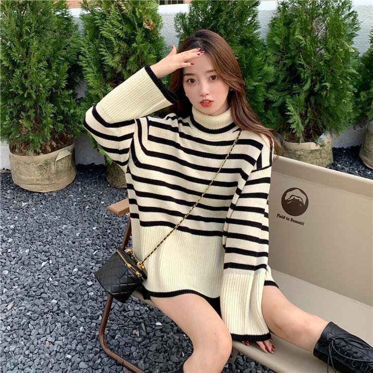 Turtleneck Striped Slit Sweater Product Image