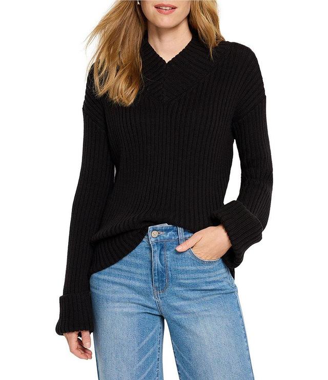 NIC + ZOE Ribbed Knit V-Neck Long Sleeve Fold Up Cuff Sweater Product Image