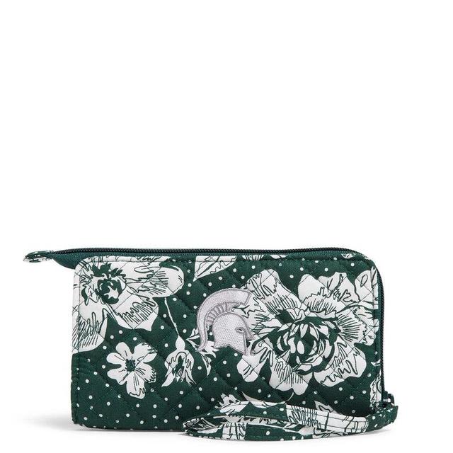 Vera Bradley Collegiate RFID Front Zip Wristlet Women in Dark Green/White Rain Garden with Michigan State University Logo Product Image