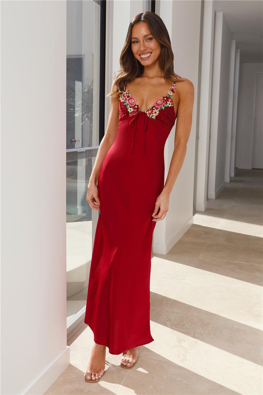 Flower Passion Satin Maxi Dress Red Product Image