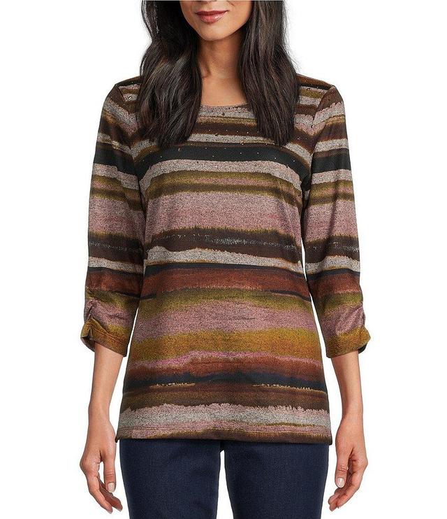 Allison Daley Watercolor Stripe Print Embellished 3/4 Ruched Sleeve Crew Neck Tee Shirt Product Image