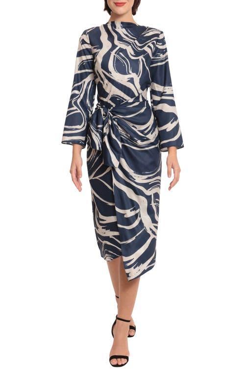 Donna Morgan Printed High Mock Neck Long Sleeve Tie Waist Draped Asymmetrical Hemline Dress Product Image