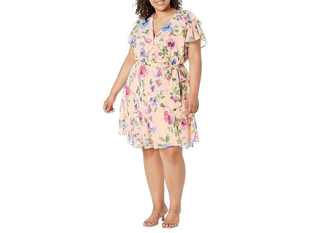 LAUREN Ralph Lauren Plus Size Floral Belted Crinkle Georgette Dress Multi) Women's Clothing Product Image