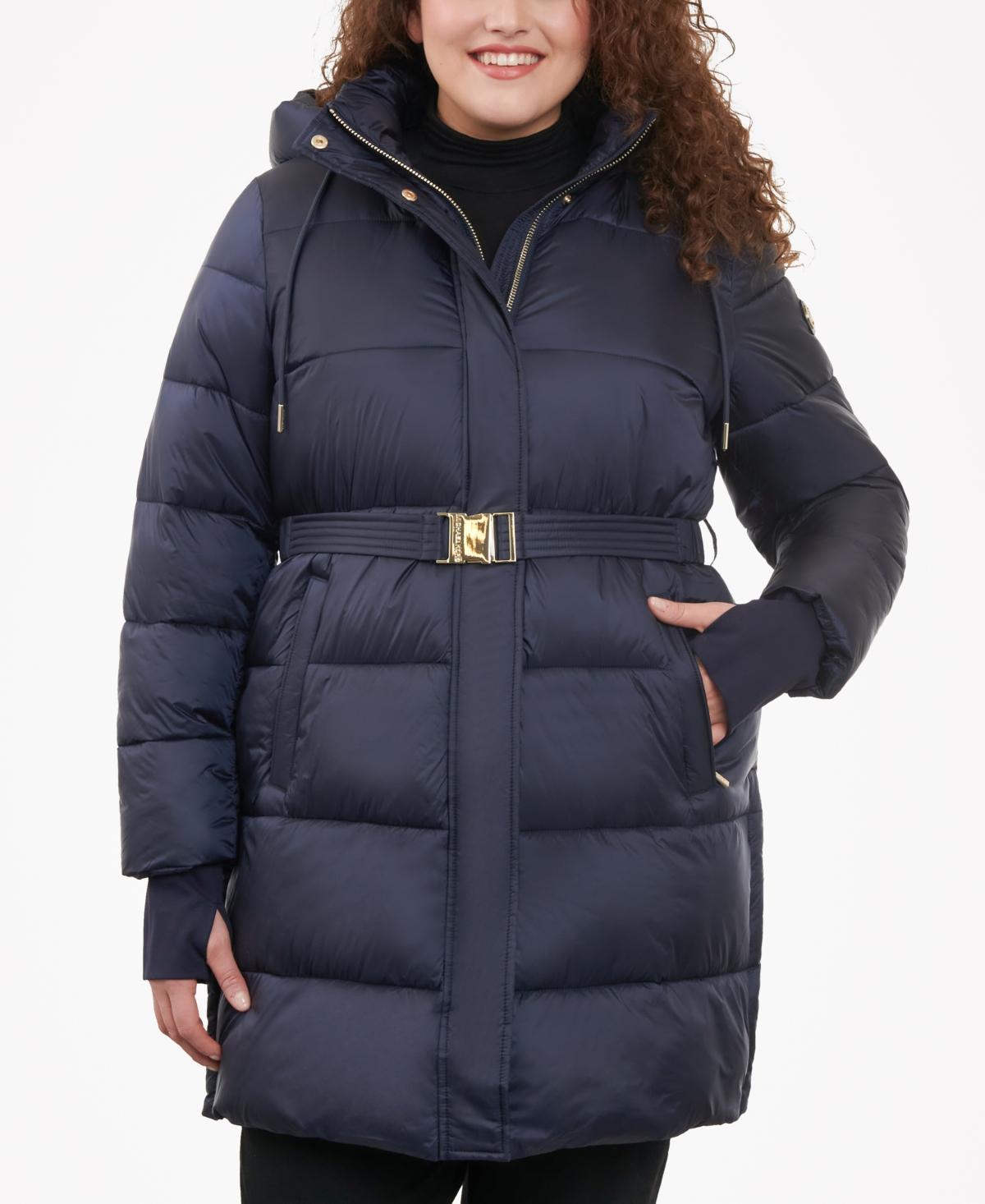 Michael Michael Kors Womens Plus Size Hooded Belted Puffer Coat Product Image