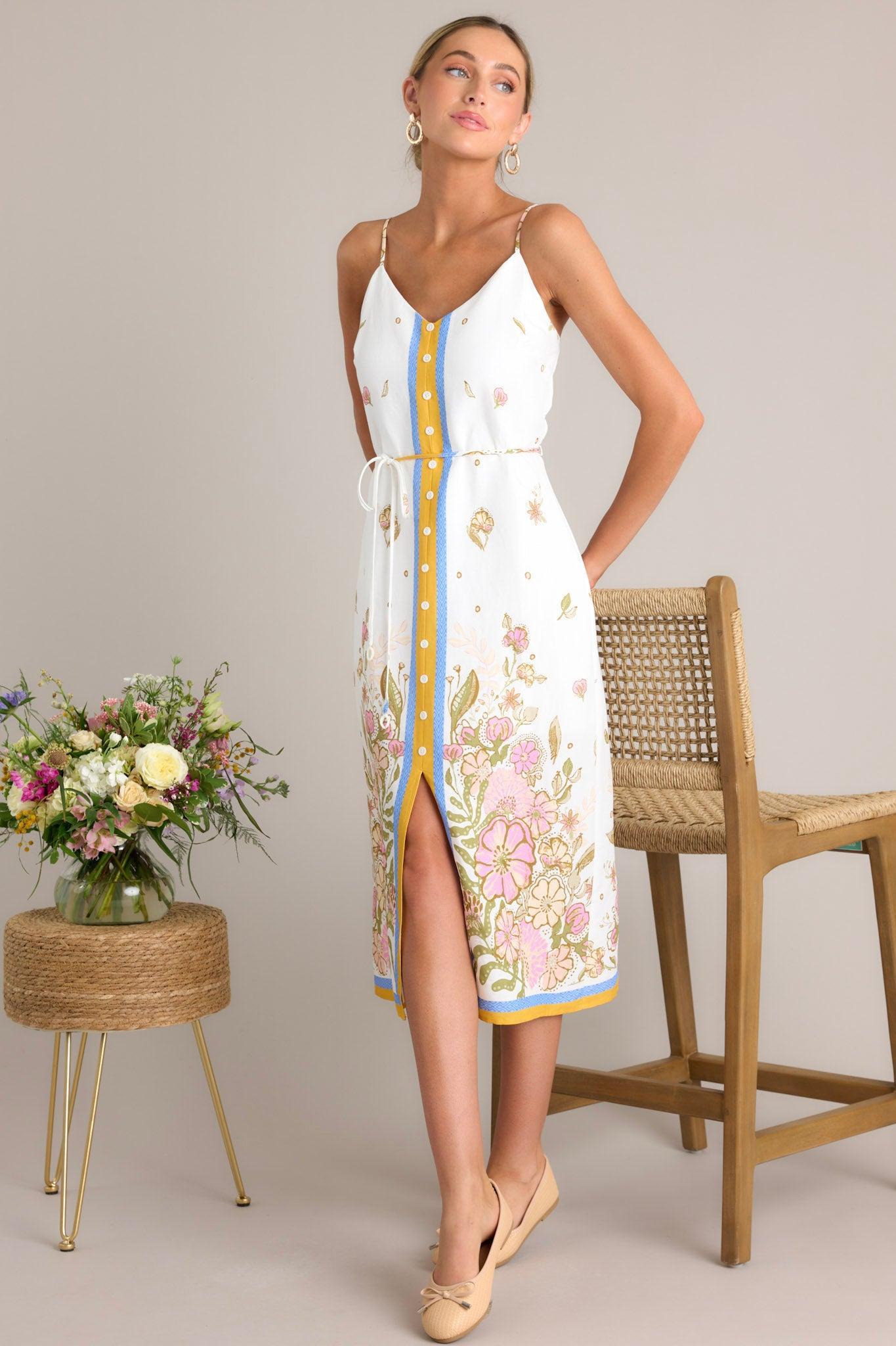 Bursting Blooms Ivory Multi Floral Midi Dress Product Image