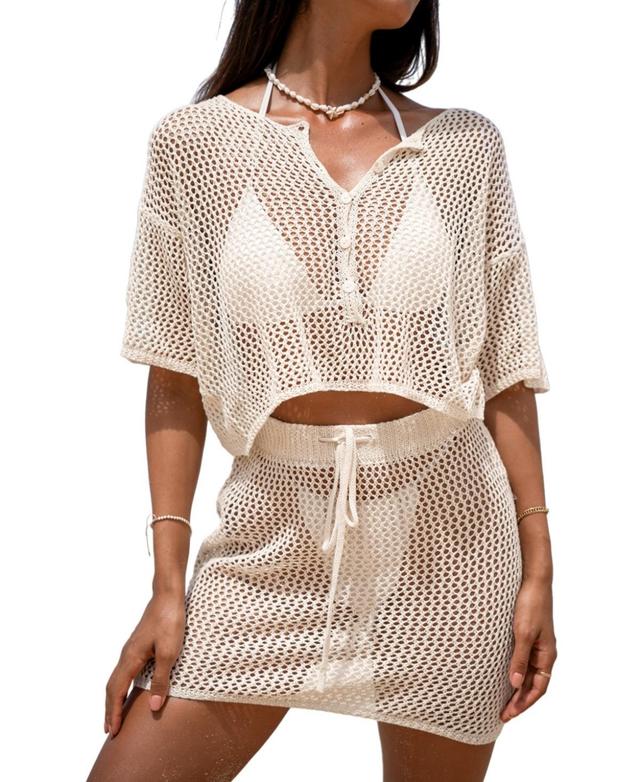 Women's Crochet Short Sleeve Top & Mini Skirt Cover Up Set Product Image