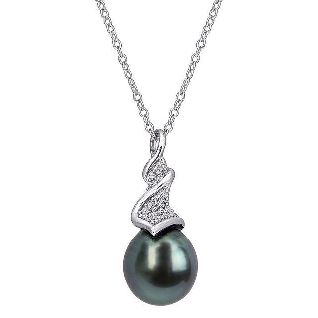 Stella Grace Sterling Silver Tahitian Cultured Pearl & 1/10 Carat T.W. Diamond Drop Pendant Necklace, Womens Product Image