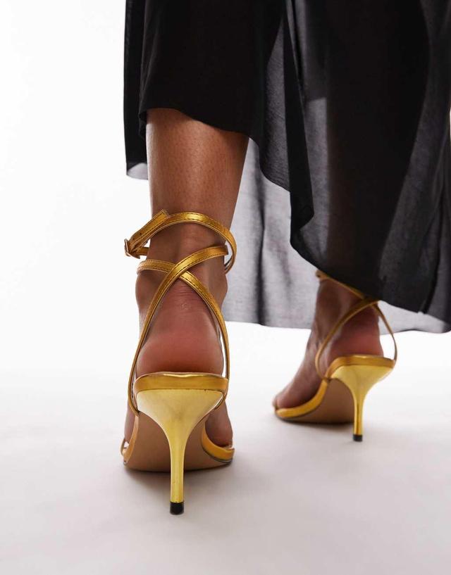 Topshop Wide Fit Fina barely there mid heeled sandals in gold Product Image