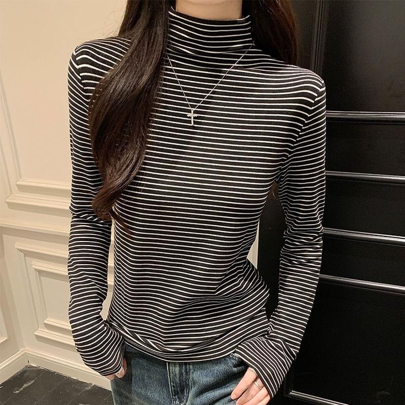 Long-Sleeve Mock Neck Striped Tee Product Image