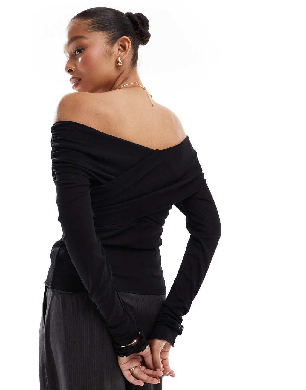 Pieces off the shoulder wrap long sleeved top in black Product Image