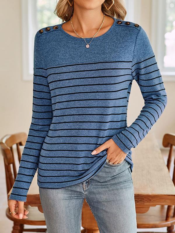 Long Sleeves Loose Buttoned Split-Joint Striped Round-Neck T-Shirts Tops Product Image