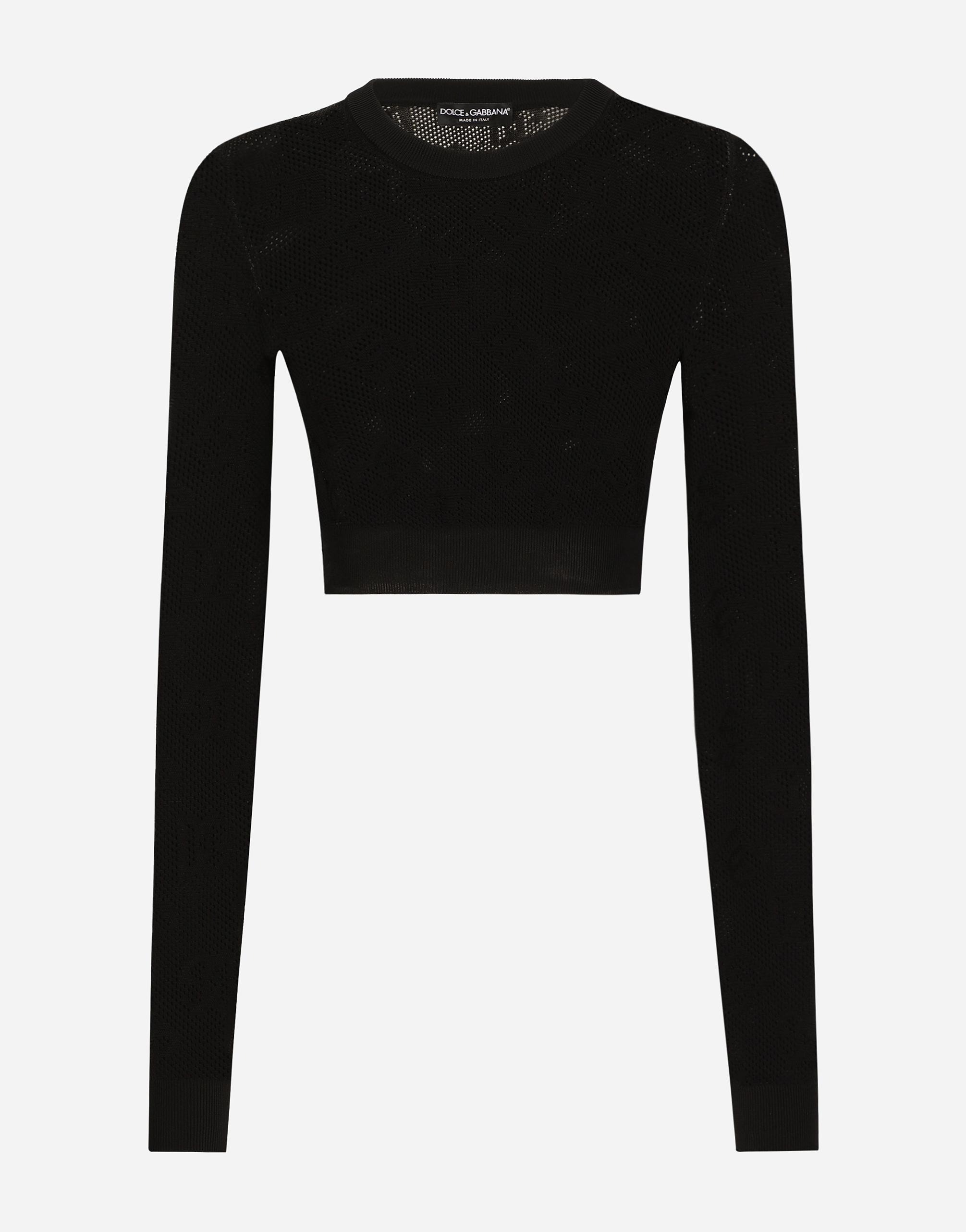 DOLCE & GABBANA Cropped Mesh-stitch Viscose Sweater With Jacquard Dg Logo In Black Product Image