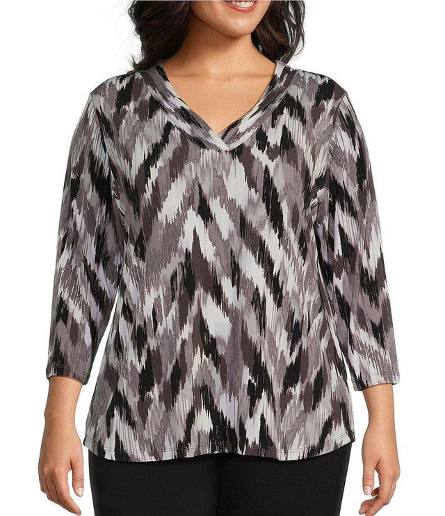 Allison Daley Plus Size Ikat Herringbone Print Pleated 3/4 Sleeve V Neck Knit Top Product Image