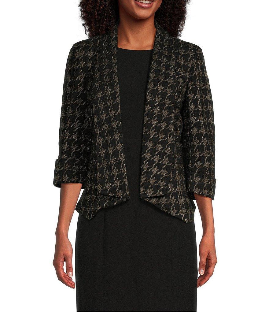 Kasper Houndstooth Metallic Draped Neck 3/4 Sleeve Open Front Cardigan product image