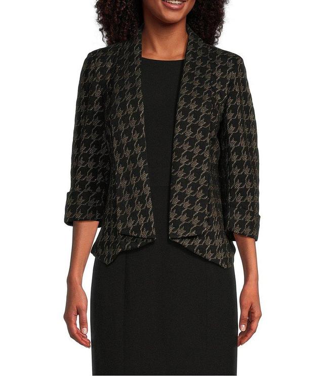 Kasper Houndstooth Metallic Draped Neck 3/4 Sleeve Open Front Cardigan Product Image