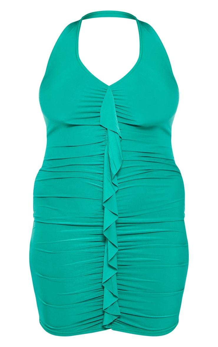 Plus Bright Green Ruffle Detail Halterneck Bodycon Dress Product Image