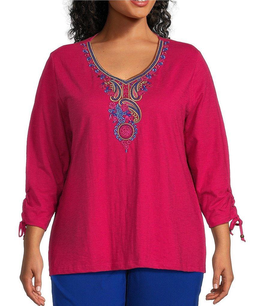 Allison Daley Plus Size Embroidered 3/4 Tie Ruched Sleeve V-Neck Knit Top Product Image