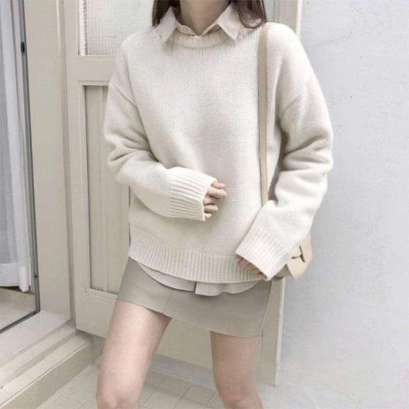 Round Neck Plain Oversized Sweater Product Image