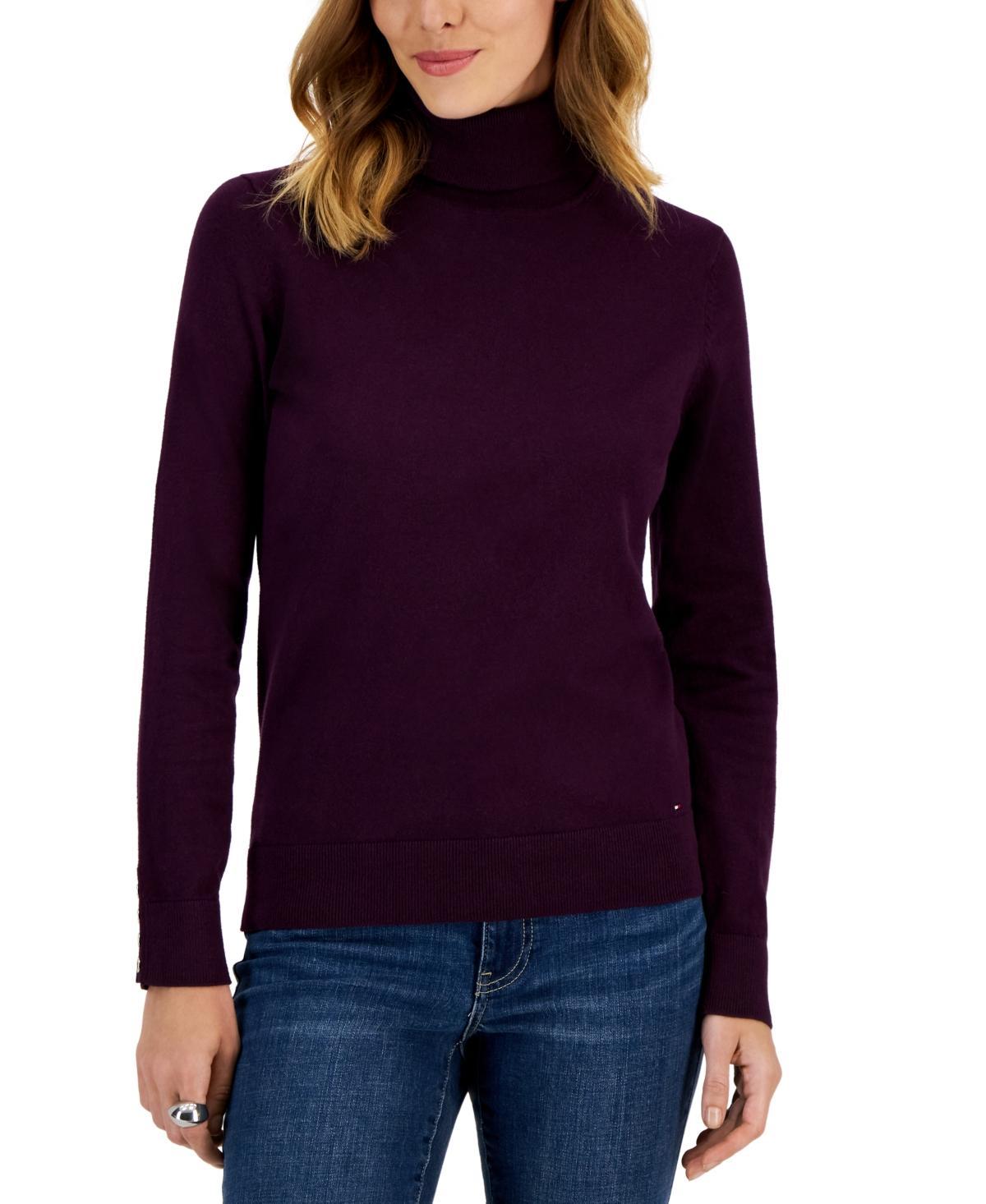 Tommy Hilfiger Womens Cotton Solid Button Cuff Turtleneck Sweater Product Image