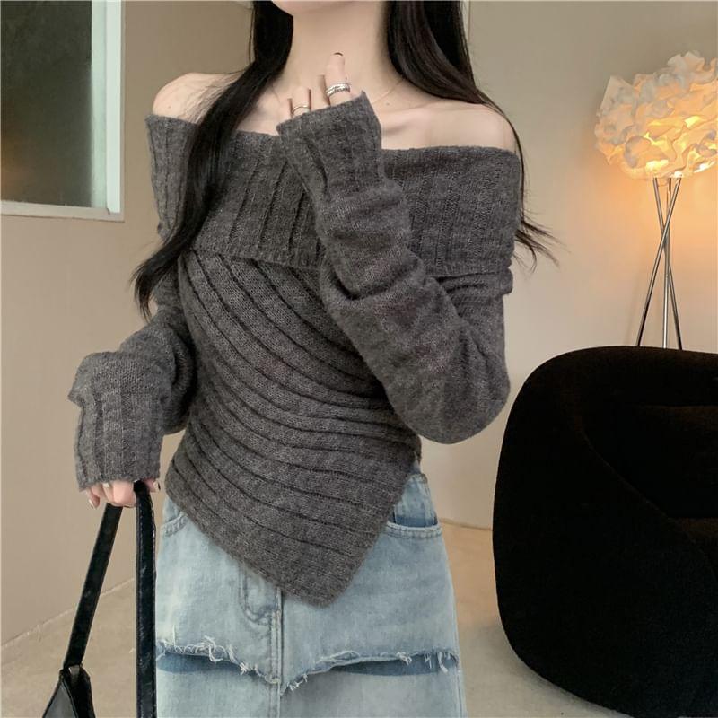 Off Shoulder Plain Asymmetrical Ribbed Sweater Product Image