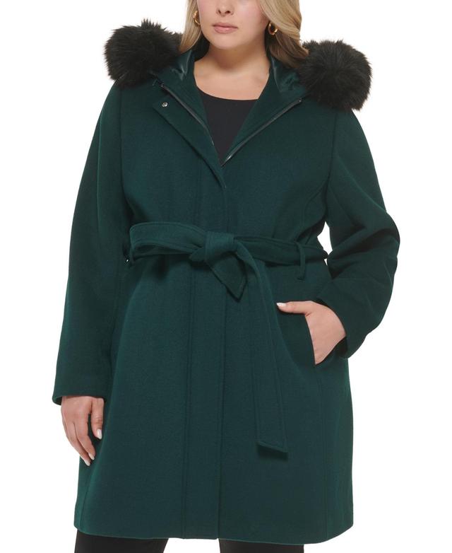 Cole Haan Womens Plus Size Faux-Fur-Trim Hooded Coat, Created for Macys Product Image