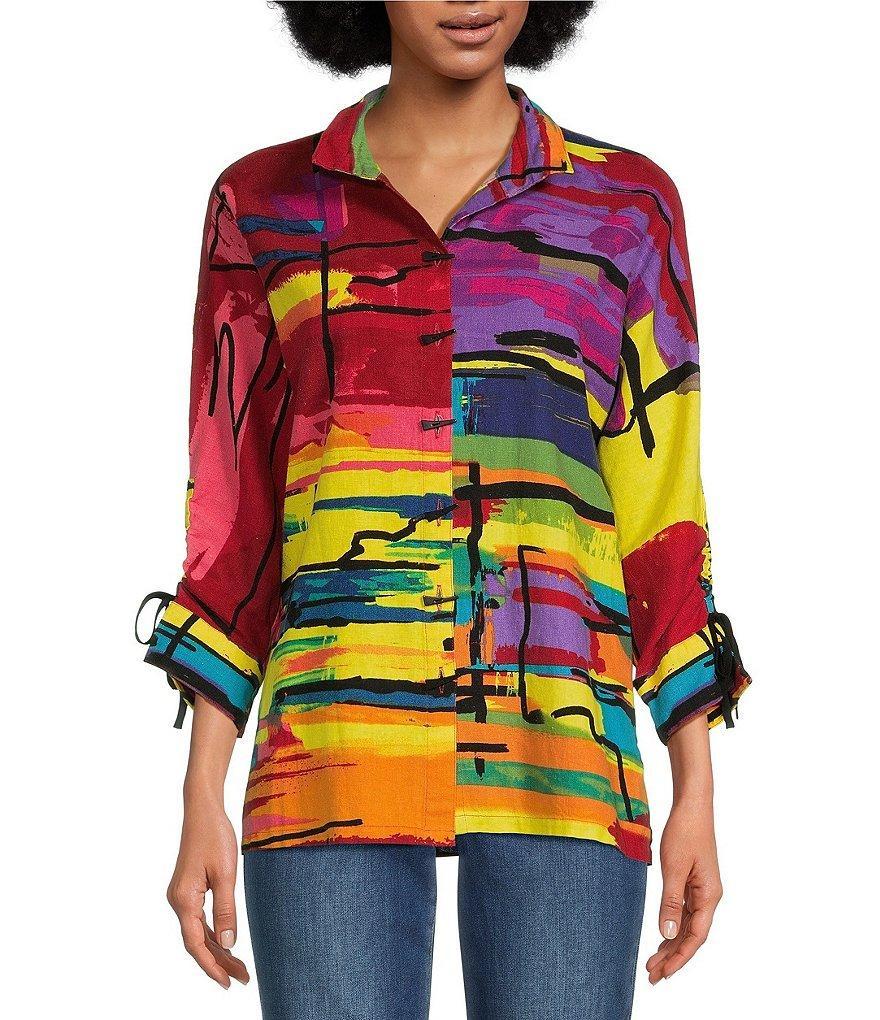 Ali Miles Linen Blend Multi Abstract Print Wire Collar 3/4 Sleeve Button-Front Tunic Product Image