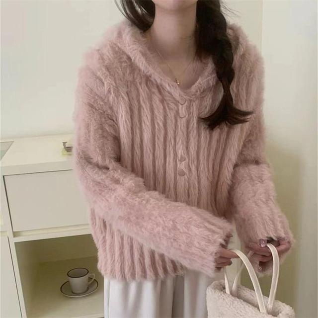 Plain Fluffy Hooded Button-Up Cardigan Product Image