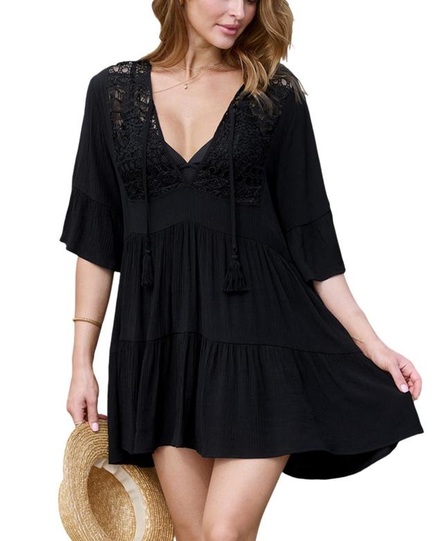 Cupshe Womens Black Half Sleeve Tassel Tie Mini Cover-Up Beach Dress Product Image