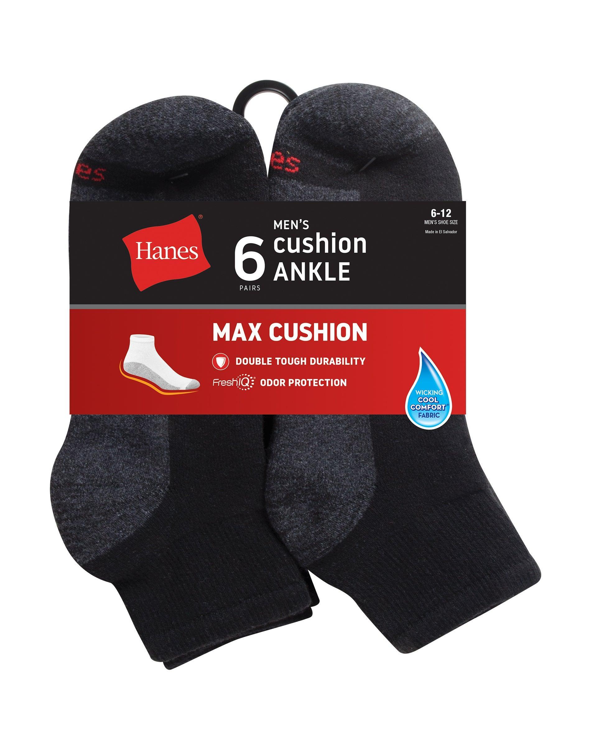 Hanes Double Tough Mens Ankle Socks, Max Cushion, 6-Pairs White/ Grey 6-12 Product Image