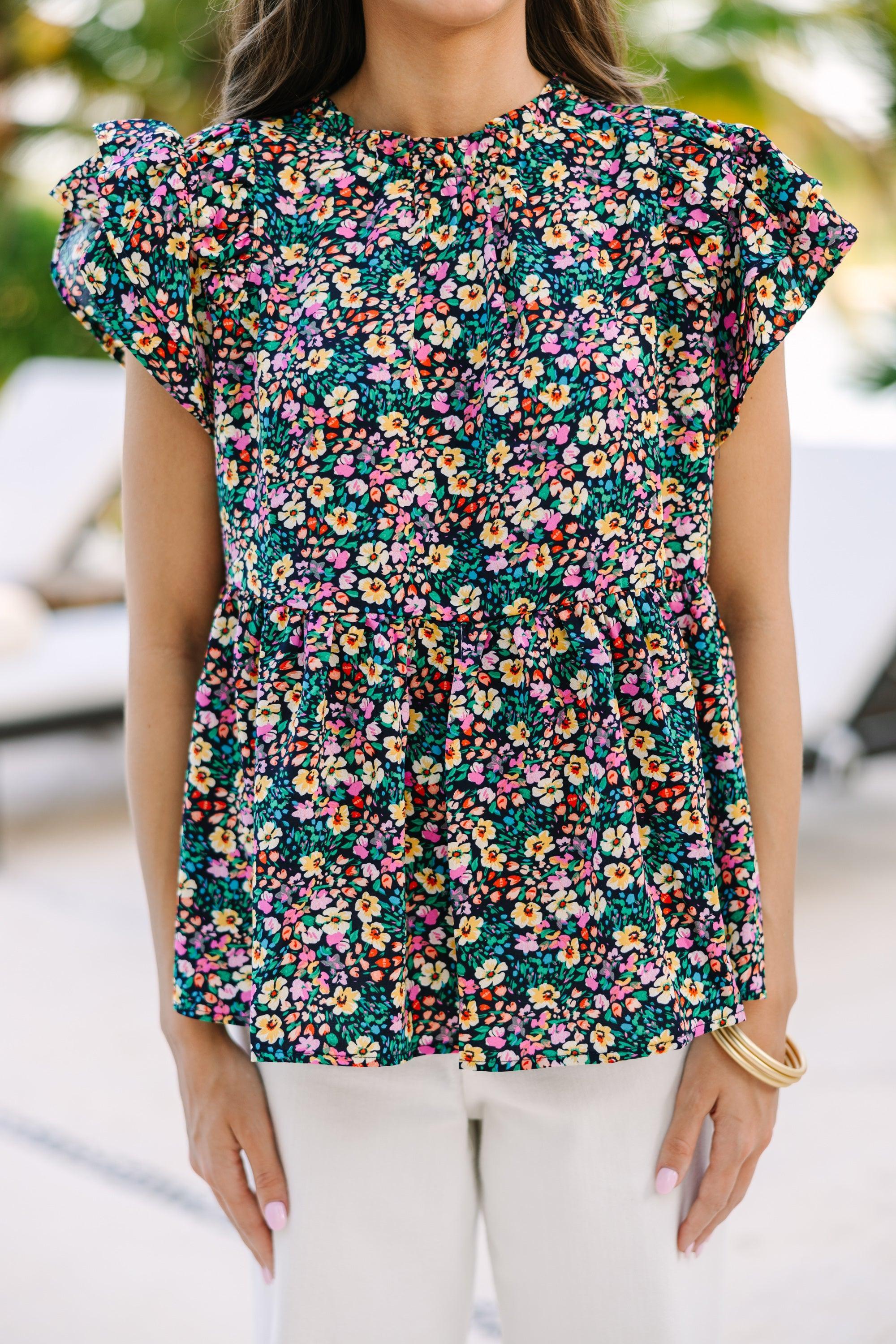 Take Me Away Navy Blue Ditsy Floral Blouse Female Product Image