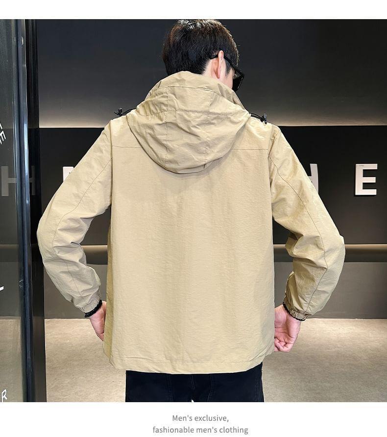 Stand Collar Plain Fleece-Lined Hooded Zip-Up Jacket Product Image